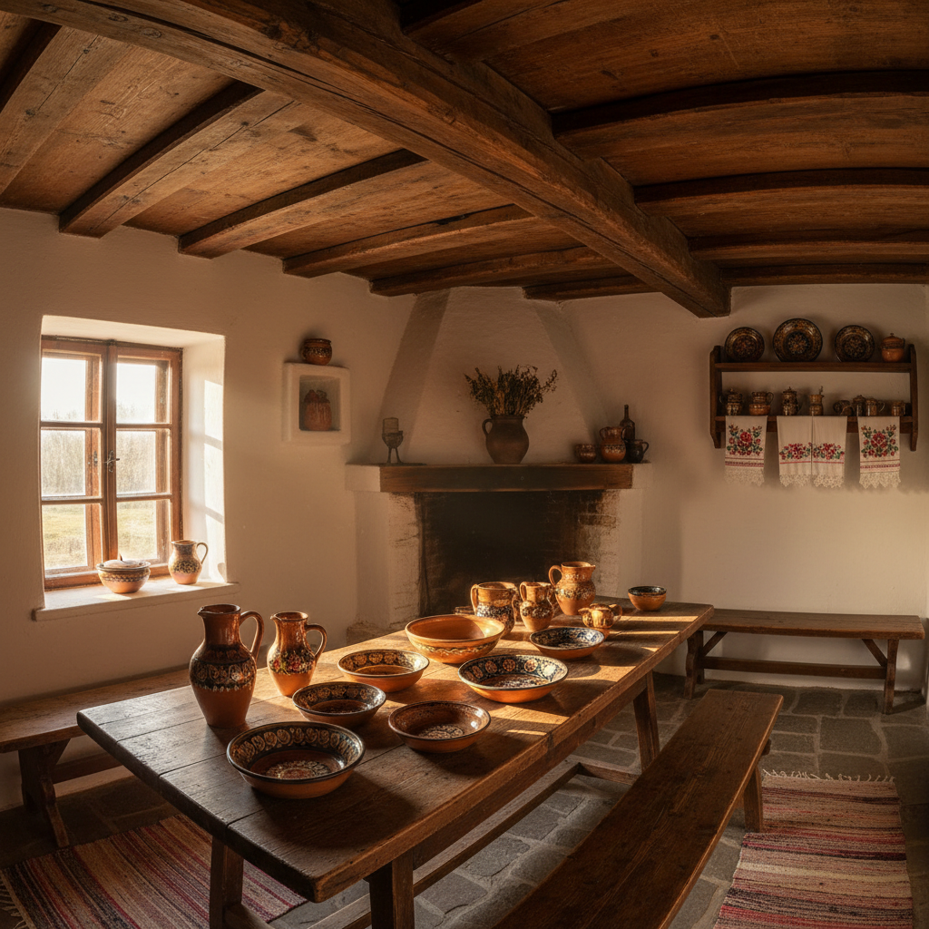 Rustic Slovak farmhouse kitchen with warm golden light and traditional pottery