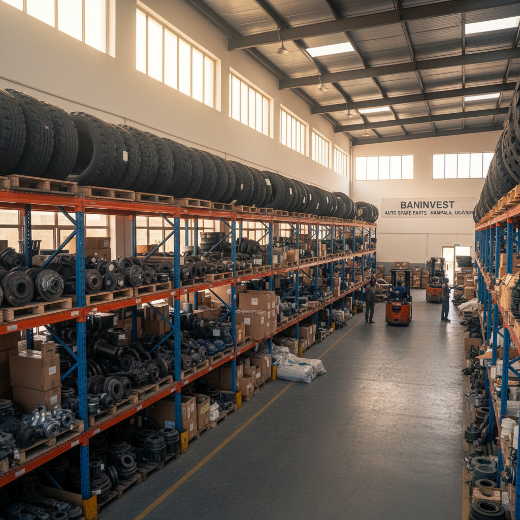Baninvest auto spare parts warehouse in Kampala Uganda with truck parts on shelves