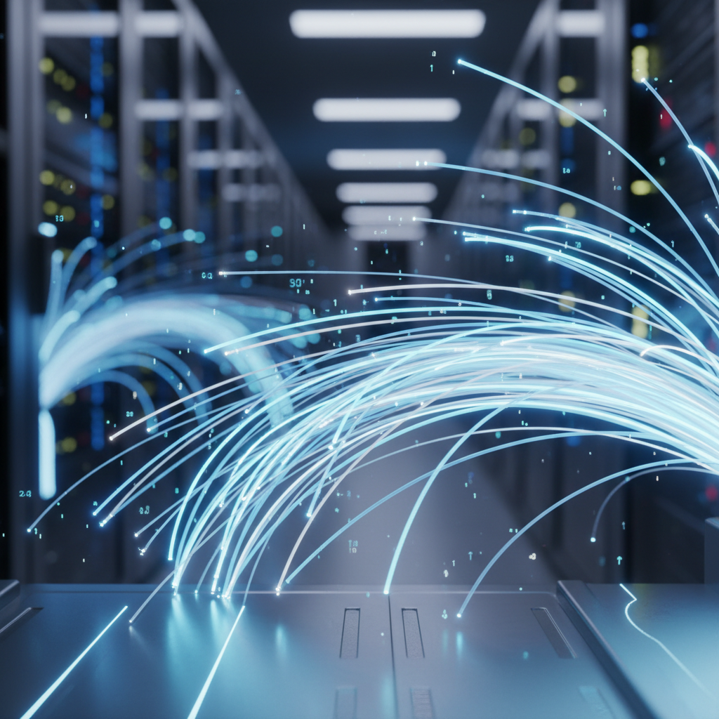 High speed internet download visualization, glowing fiber optic cables, dark background, fast data transfer