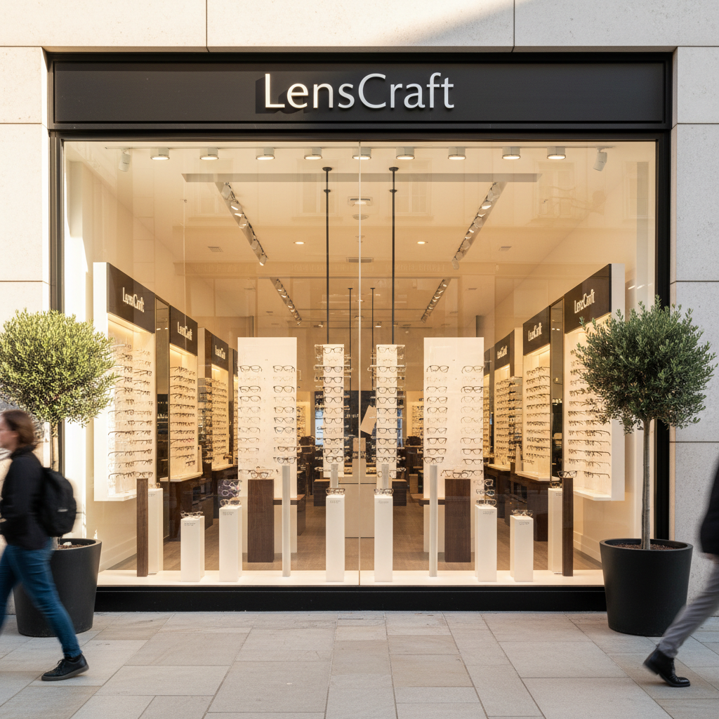 LensCraft optical shop storefront with large window display of eyeglass frames in Beverly Hills
