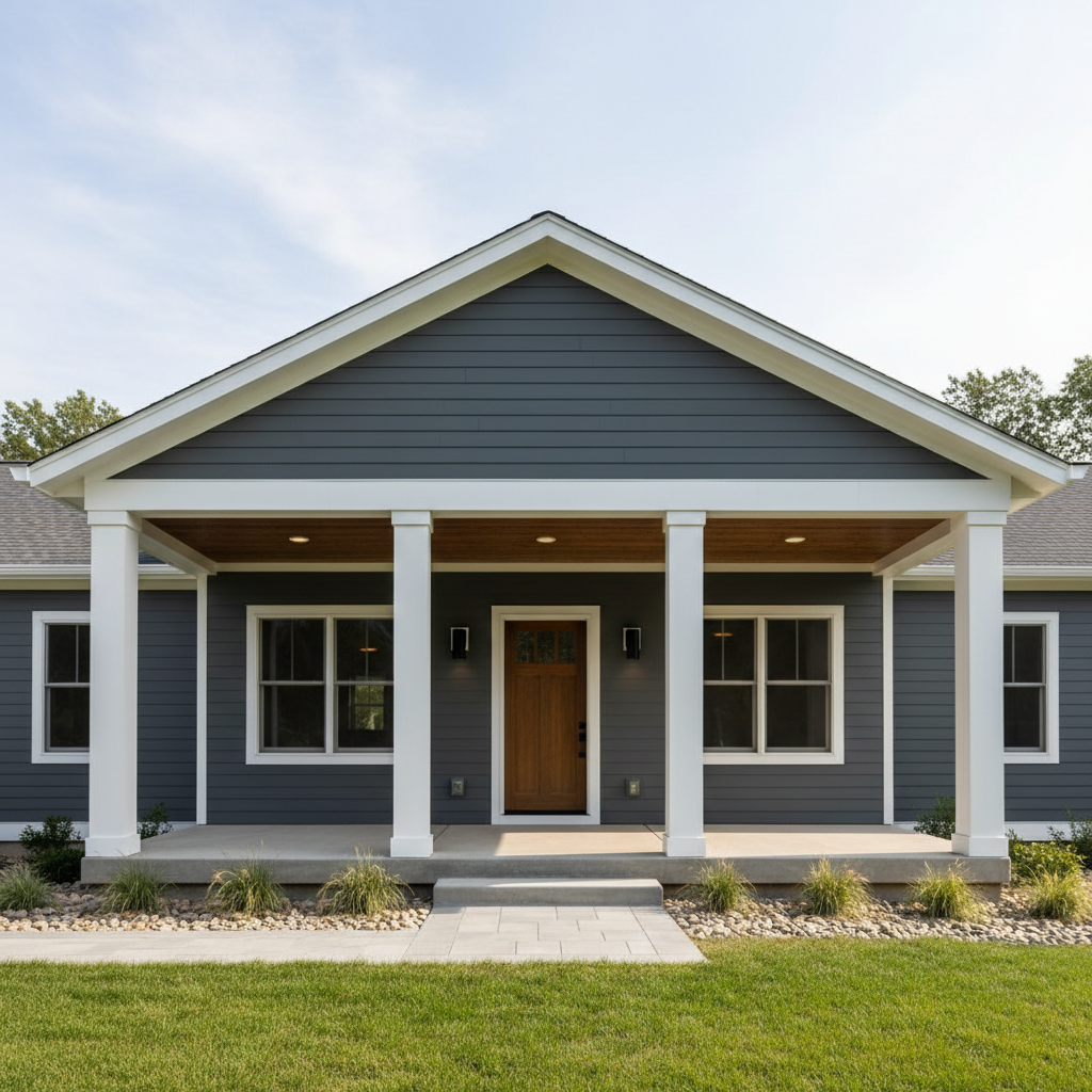 Bright craftsman home exterior with fiber cement siding, natural stone accents, and covered front porch in daylight