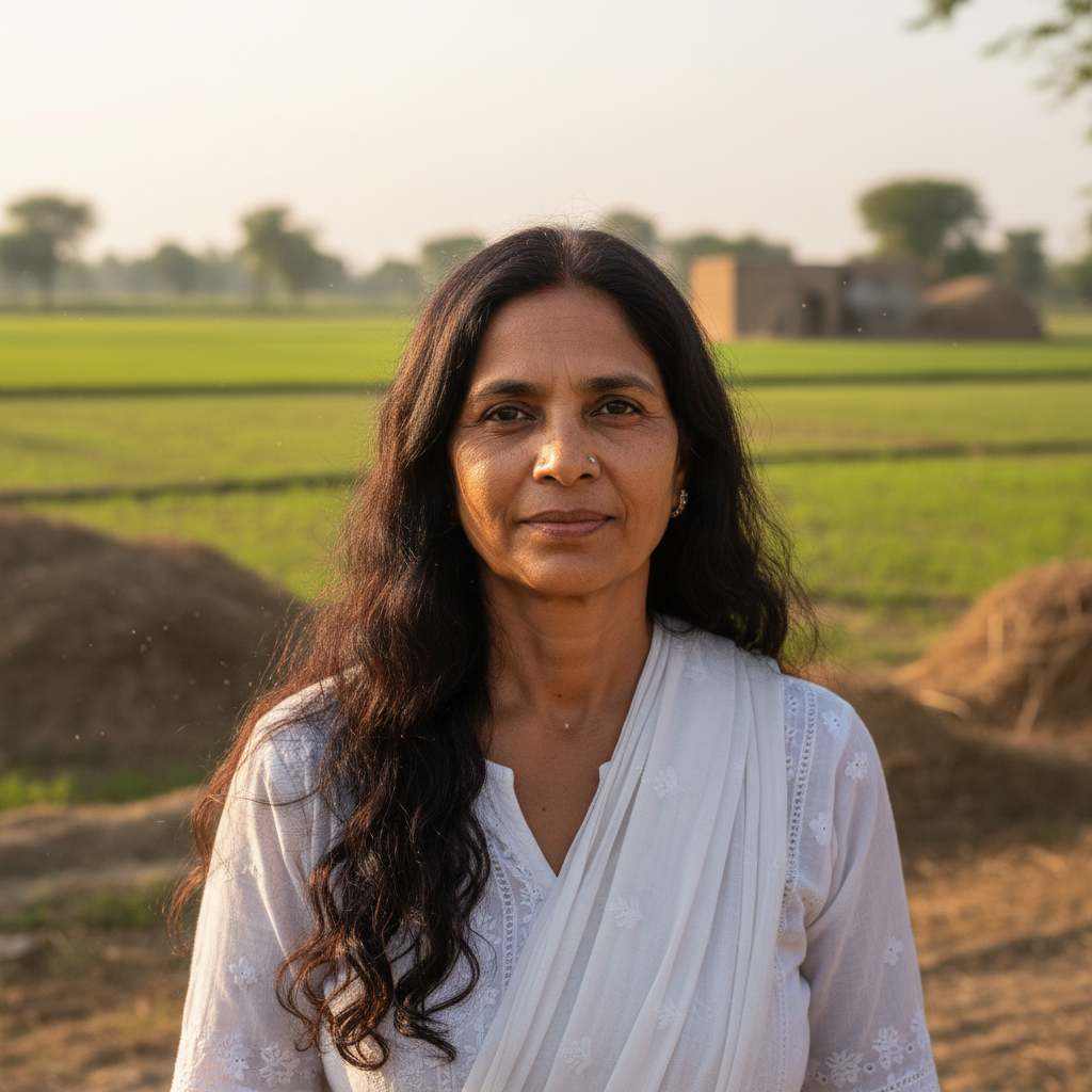 Portrait of Ramesh Nishad, Indian farmer in rural setting, wearing white kurta, confident expression