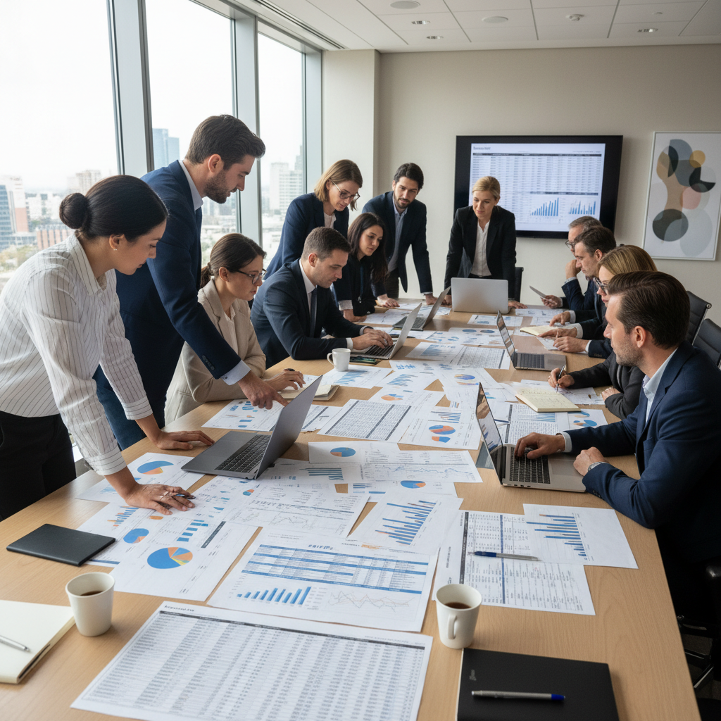 Finance and IT teams reviewing annual technology budget spreadsheets in a UK business meeting room