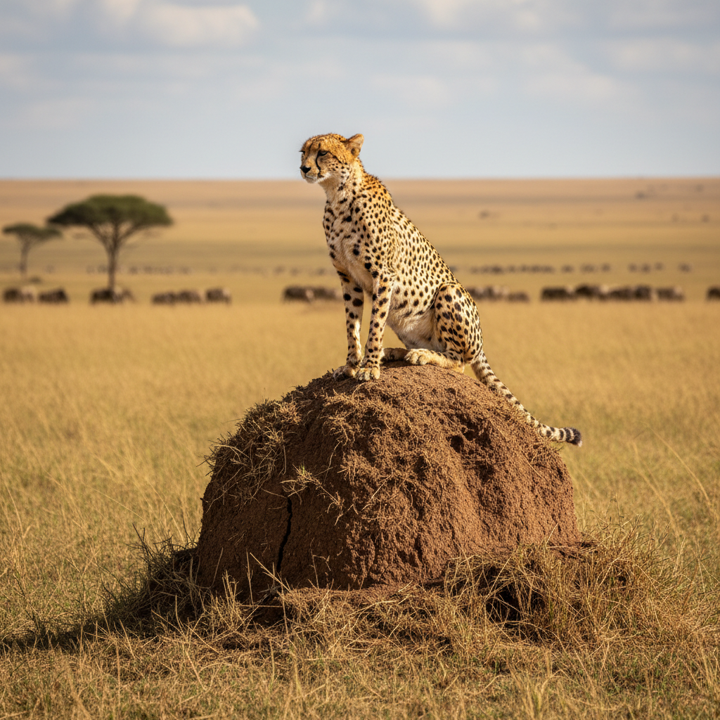 Cheetah on a termite mound scanning the Masai Mara plains Kenya