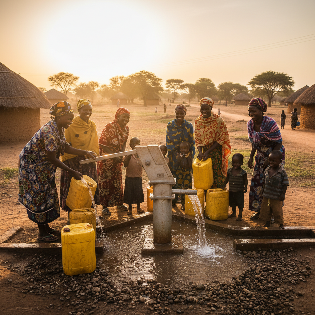 Women and children gathered at a newly installed borehole pump in Kajiado, Kenya, the first clear water flowing into a yellow jerry can at golden hour