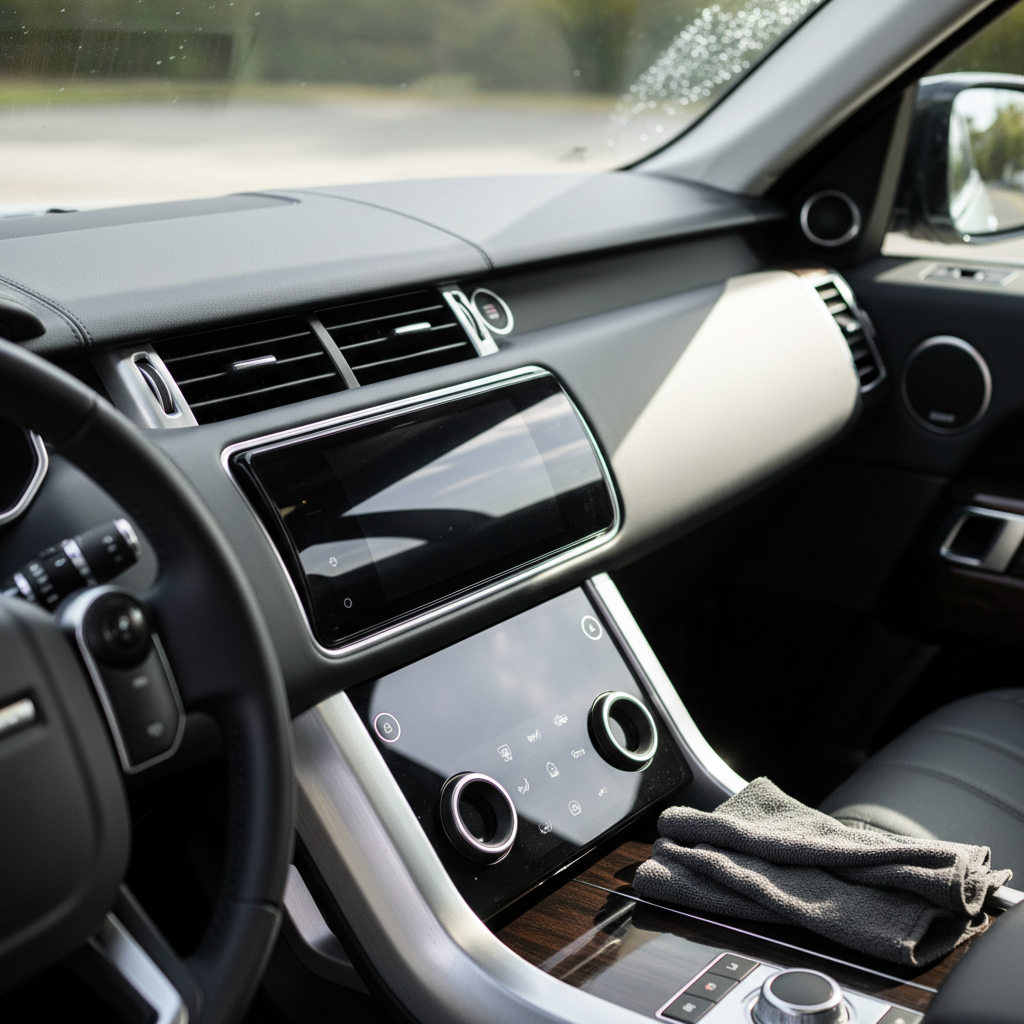 Clean car interior dashboard and center console after detailing, neutral gray tones