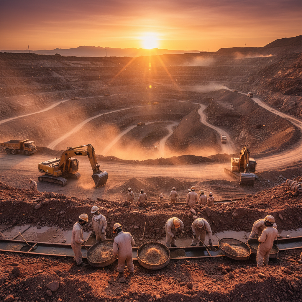 Open pit mine with security checkpoint at entrance, guards in high-visibility vests, heavy machinery background, dusk lighting