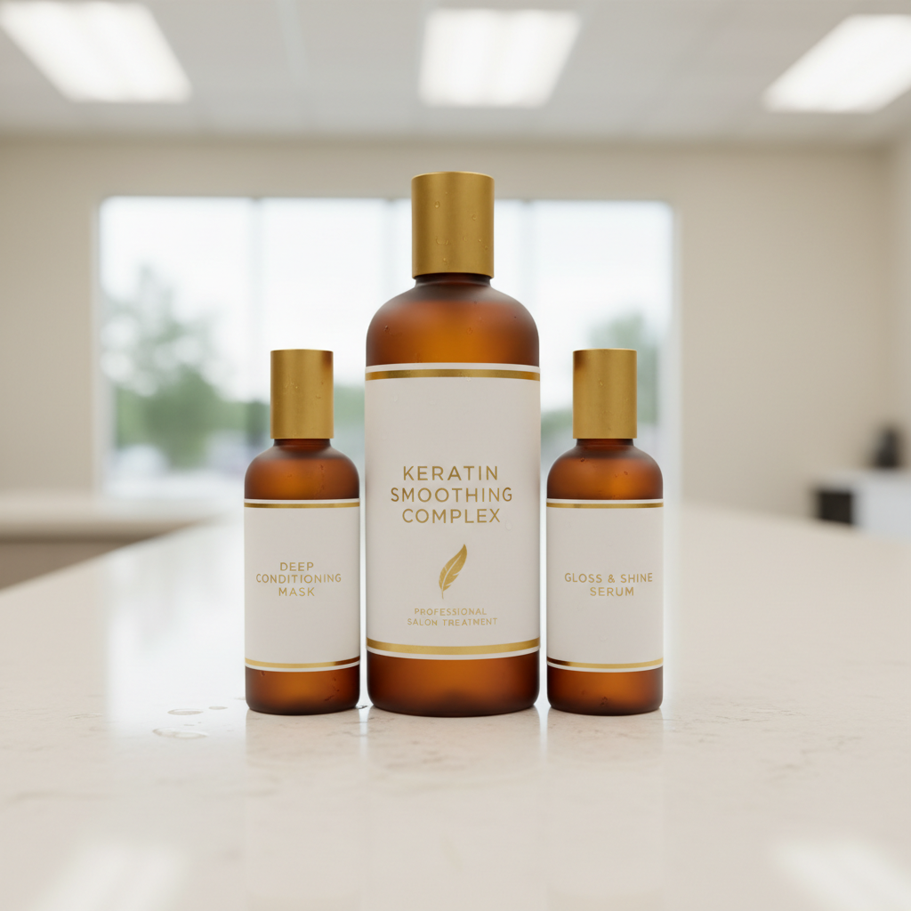 Professional keratin treatment bottles in salon setting