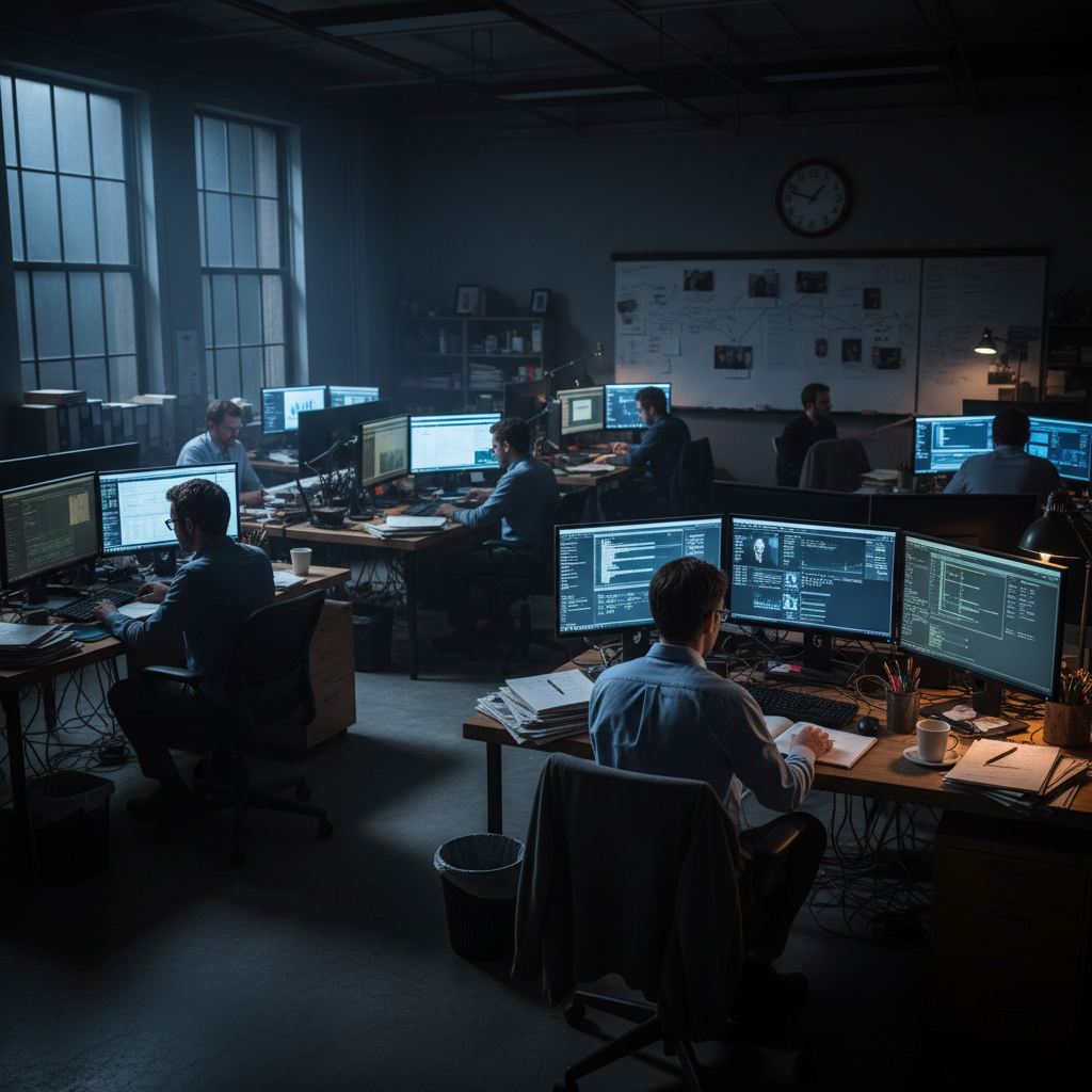 News website interface on dark screen, professional editorial layout, moody low-key lighting
