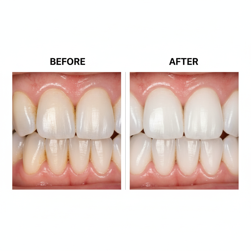 After dental treatment showing bright white perfectly aligned teeth with confident smile