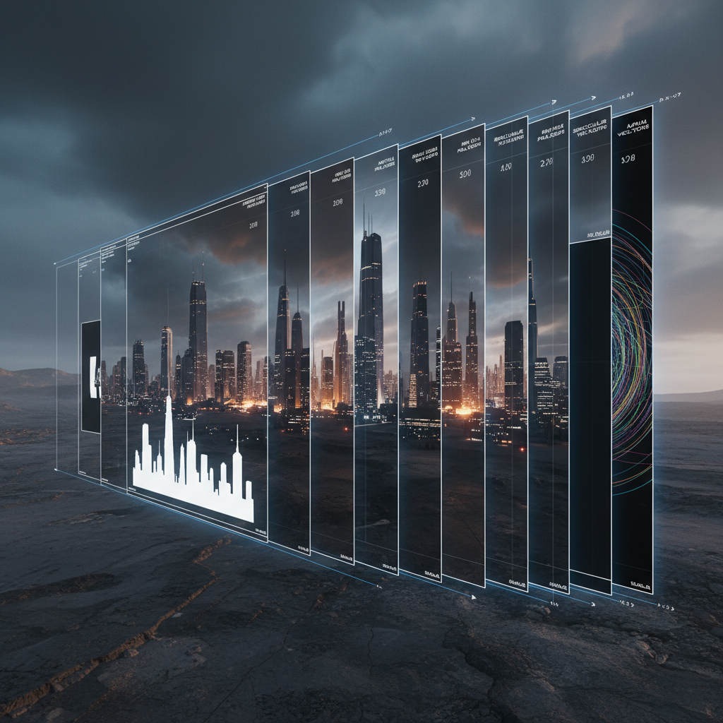 Futuristic city skyline at dusk with digital AR wireframe overlays on landmarks, dark atmospheric urban architecture visualization