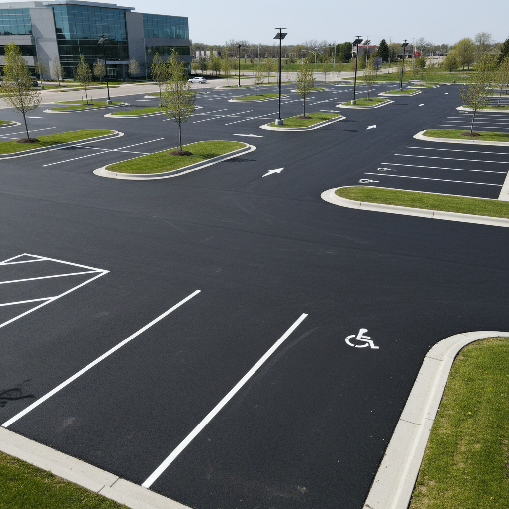 Freshly paved commercial parking lot with clean asphalt surface and crisp white line striping