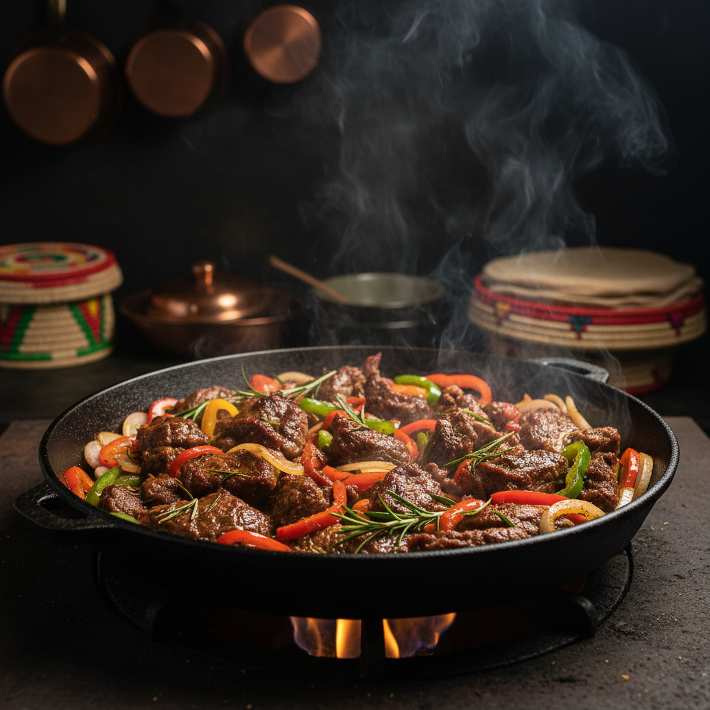 Sizzling doner kebab meat on a vertical rotisserie, golden-brown exterior, warm dramatic kitchen lighting, deep shadows, rich amber tones