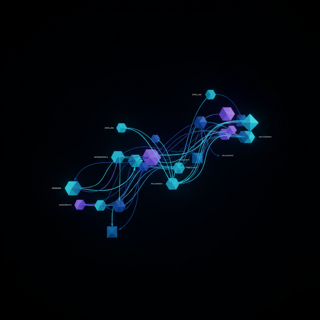 Dark software architecture diagram with glowing connections on obsidian background