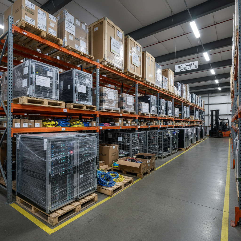 Warehouse shelves stocked with technology equipment and network hardware boxes
