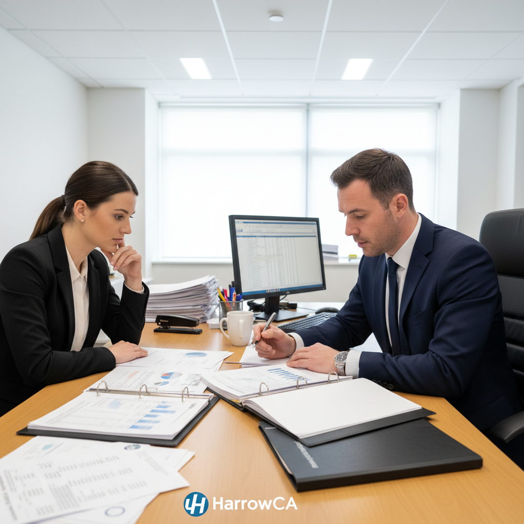 Chartered accountant reviewing tax documents with client in professional office setting