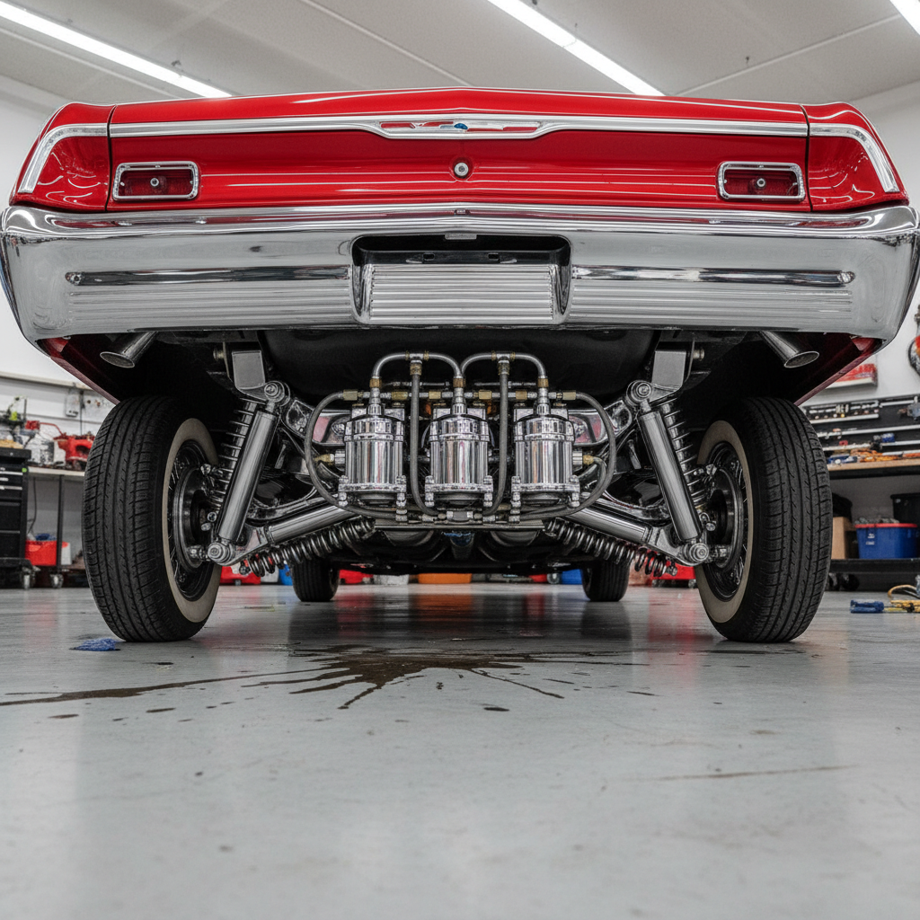 Hydraulic pump and cylinder system installed under a lowrider car chassis