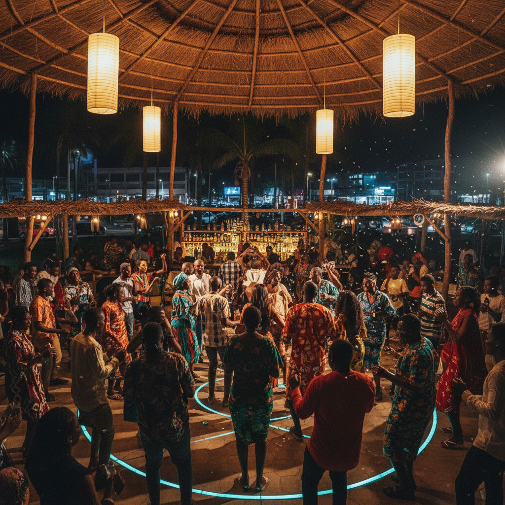 Vue nocturne de La Fekandine à Lomé, ambiance chaleureuse dorée, foule animée sur la piste de danse, soirée festive