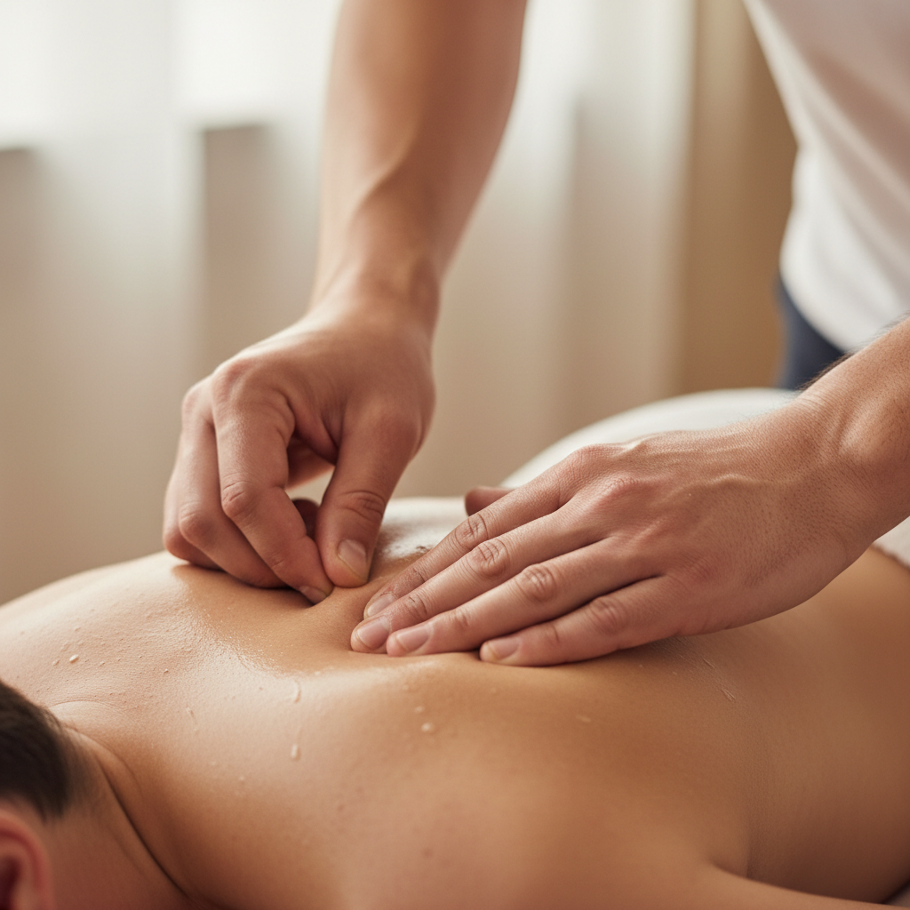 Therapist hands performing deep tissue massage on client shoulder blades