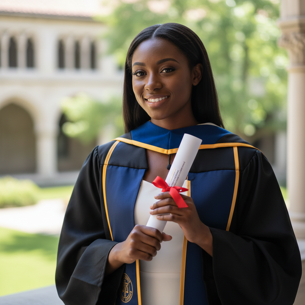 Smiling African woman in formal dress, graduation celebration, joyful and confident