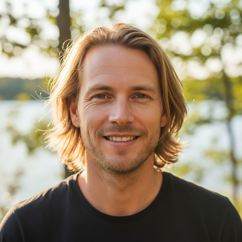 Young Swedish man with blonde hair smiling outdoors