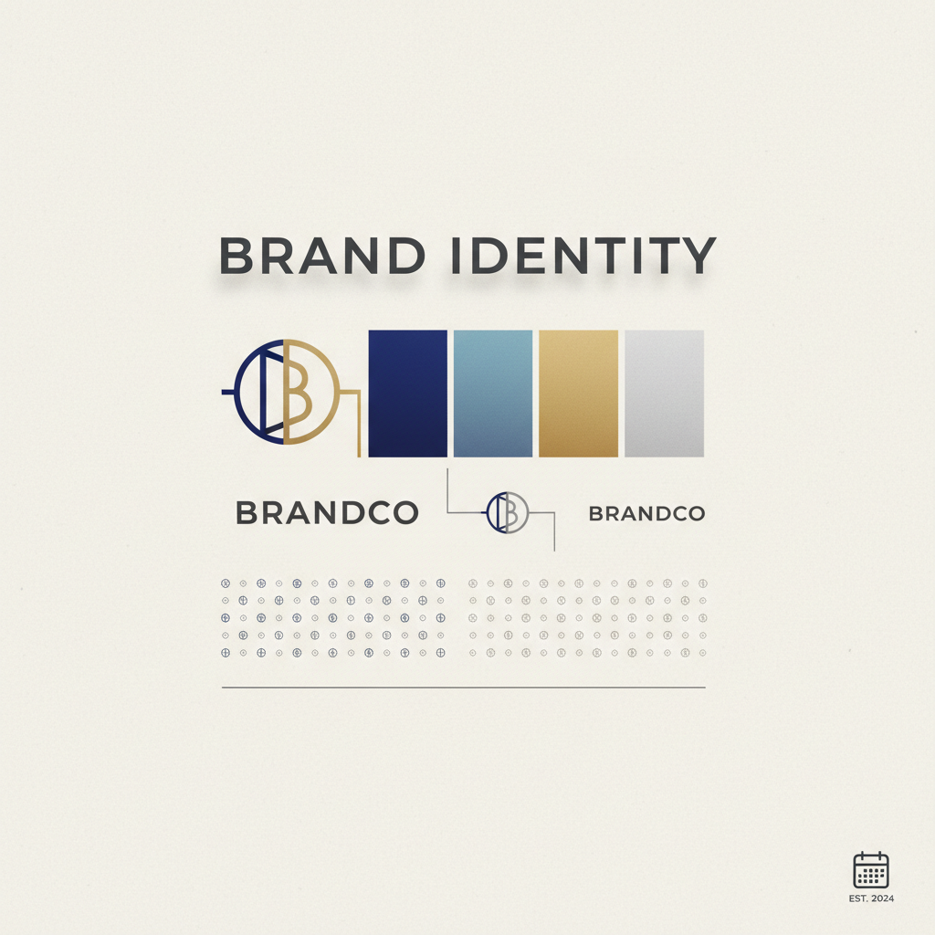 Brand identity design elements spread on light background, logos and color swatches