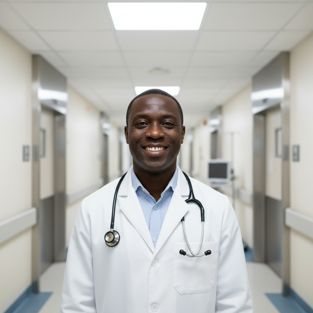 Dr. Kwame Asante, a Black male physician in white coat smiling confidently in hospital corridor