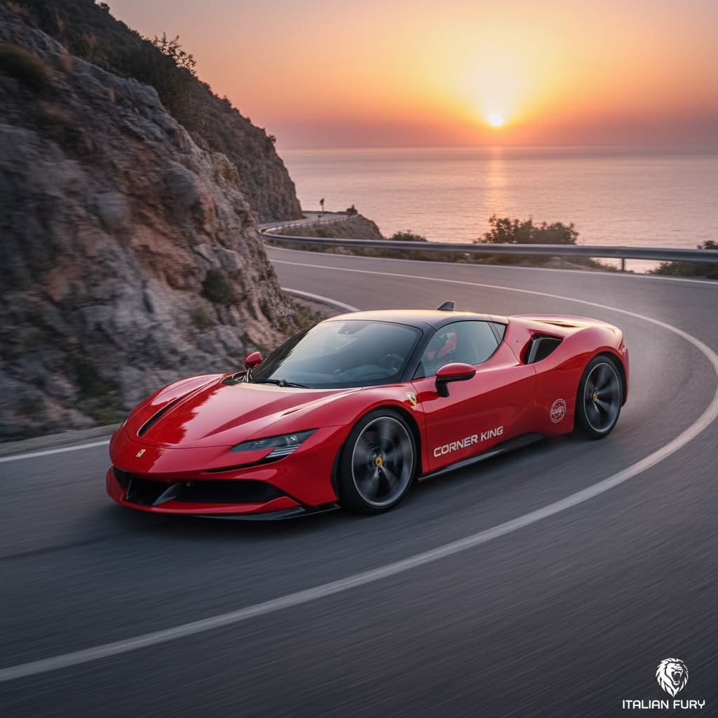 Red Ferrari Roma grand touring coupe on coastal road, Mediterranean atmosphere