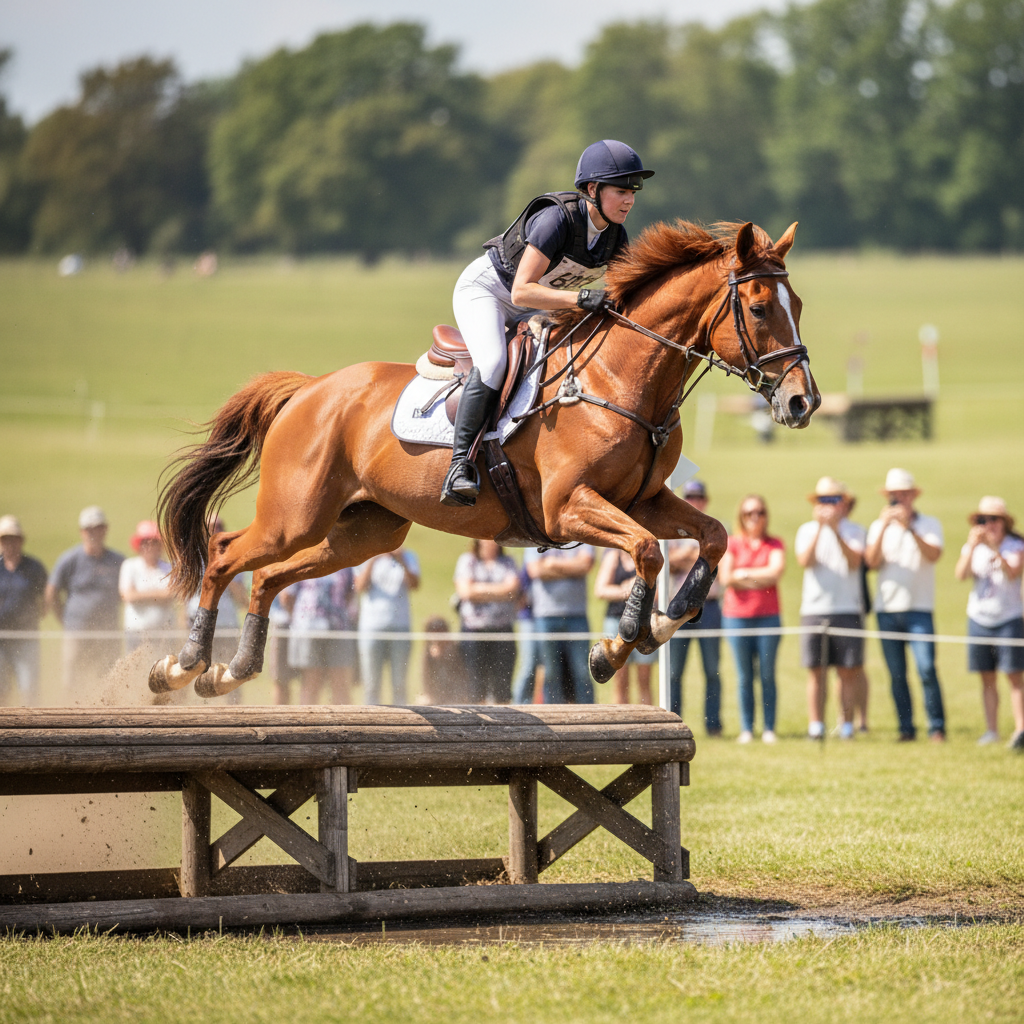 Chestnut Irish Sport Horse at intermediate eventing competition, jumping with confidence