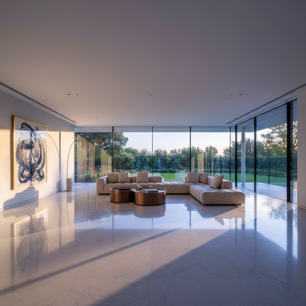 Premium apartment living room with marble flooring, bright natural lighting, open floor plan
