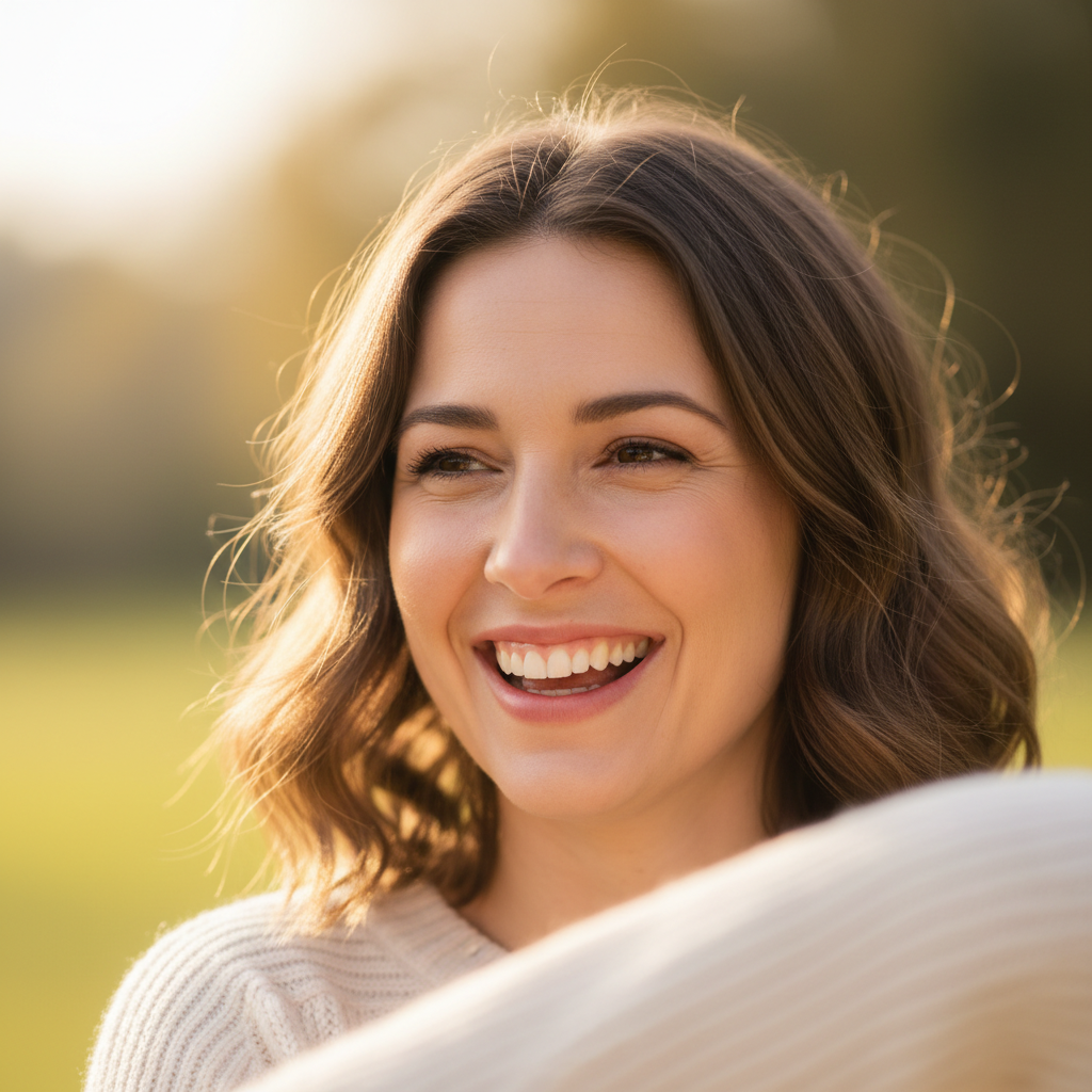 Smiling woman with brown hair in casual outdoor setting