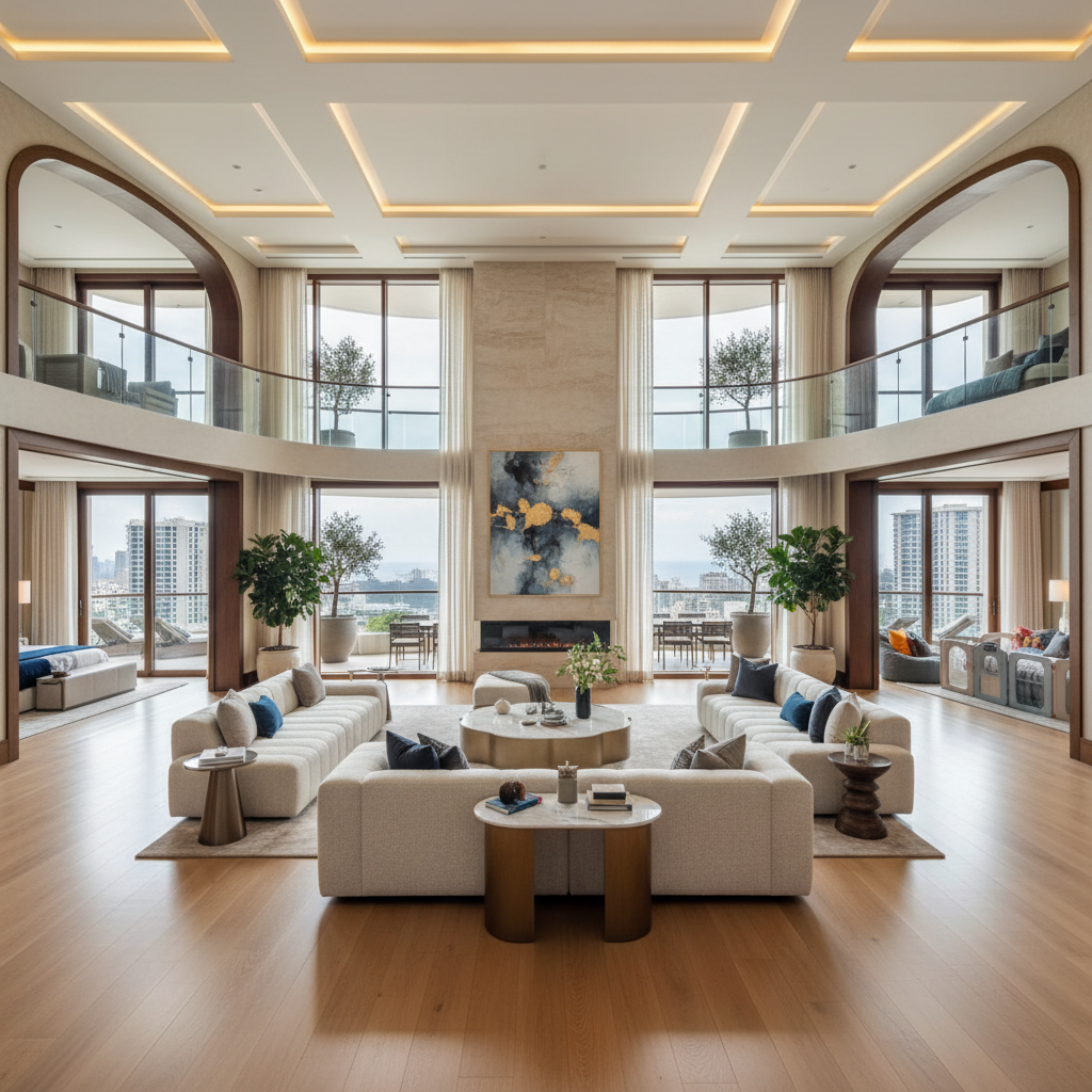 Luxury residential living room with modern furniture and large windows