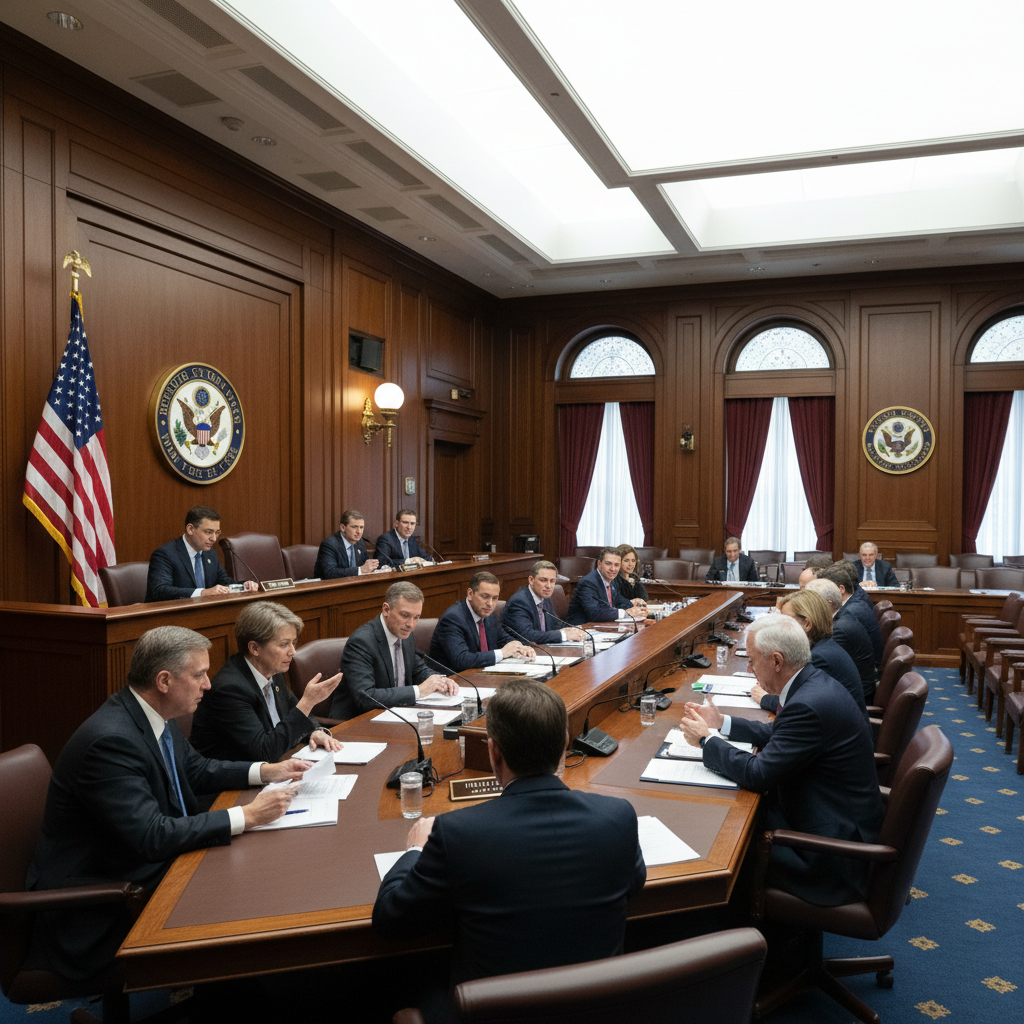 View of a legislative hearing room with rows of seats and a raised dais where committee members sit, American flag visible