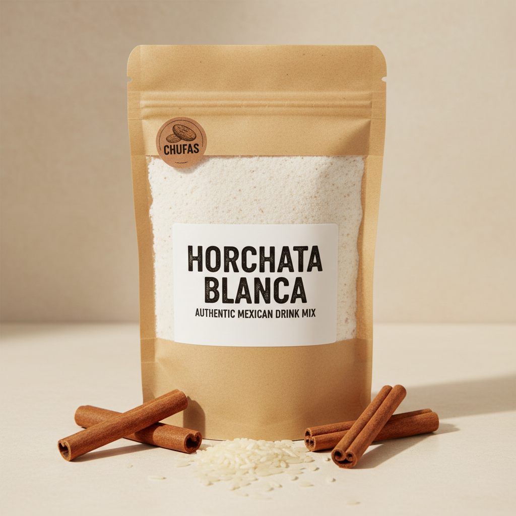 White horchata mix powder in kraft paper bag with cinnamon sticks and rice grains scattered on cream surface