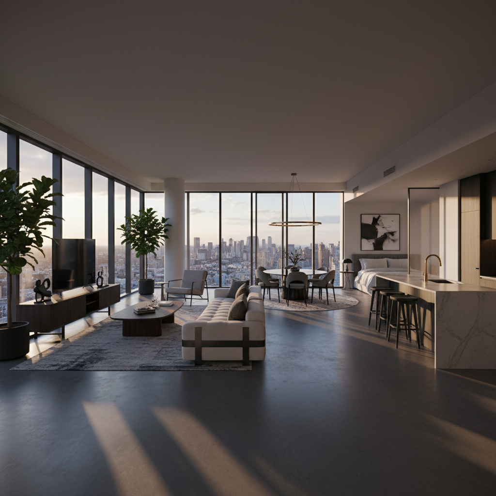 Modern apartment with floor-to-ceiling city views, dark interior, moody atmospheric lighting at night