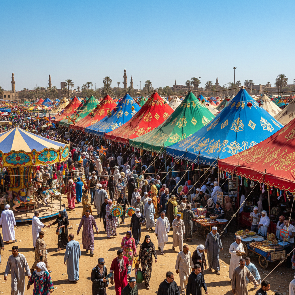 Festival grounds with colorful tents displaying various handicrafts and artisans working on traditional crafts