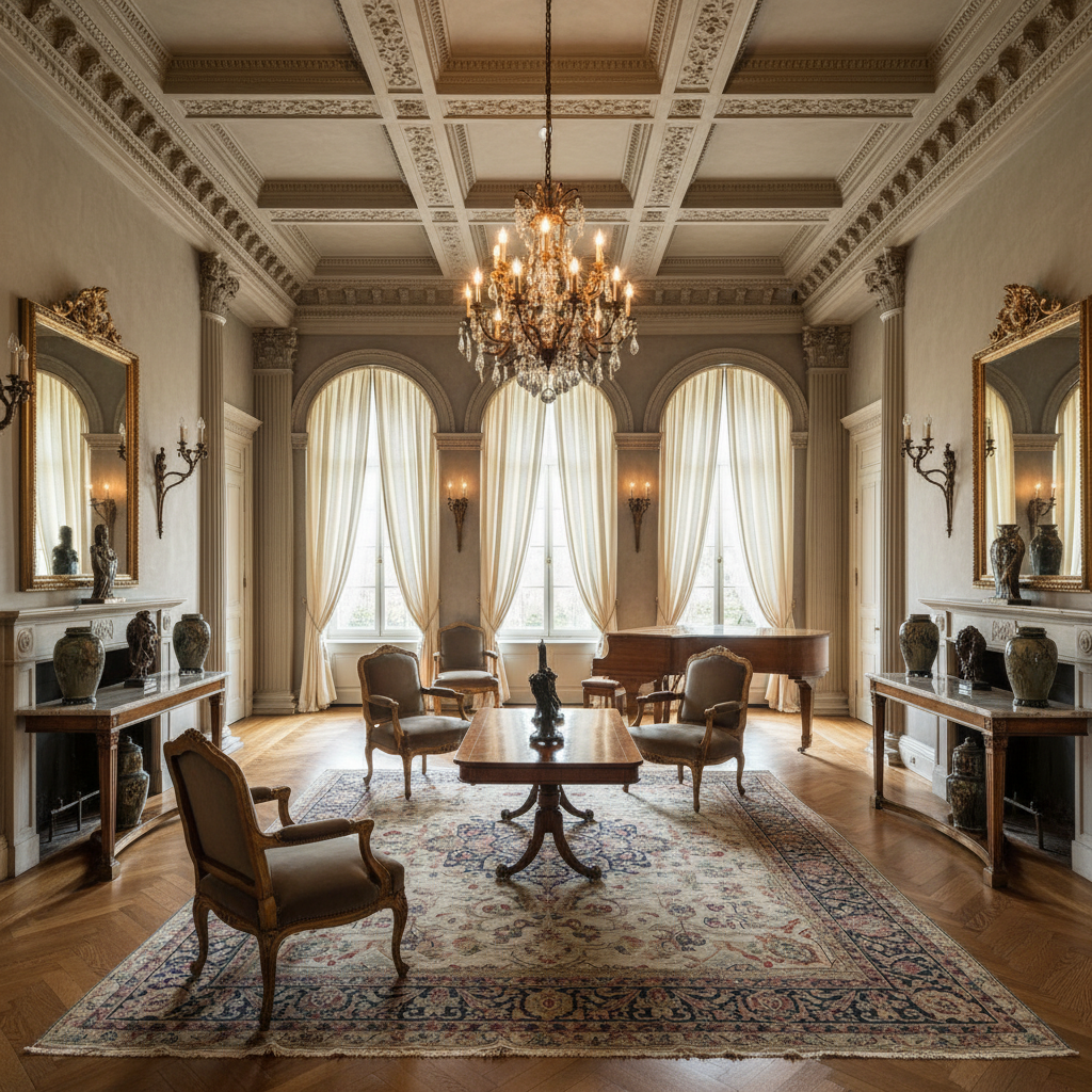 Luxurious interior design with warm lighting, elegant furnishings, high-end residential space, sophisticated decor