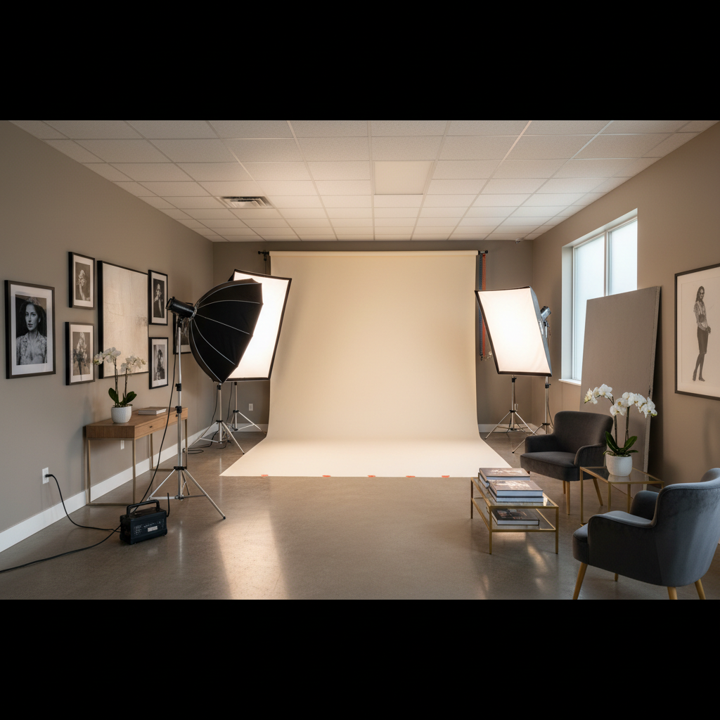 Elegant boutique photography studio interior with professional lighting setup and backdrop