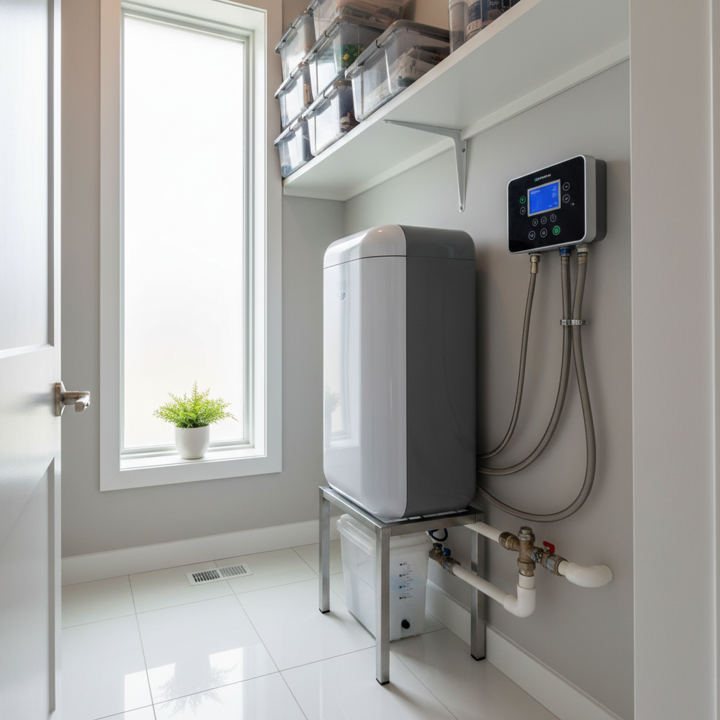 New water softener system installed in Bucktown basement utility room next to water heater, clean white tank with amber brand label