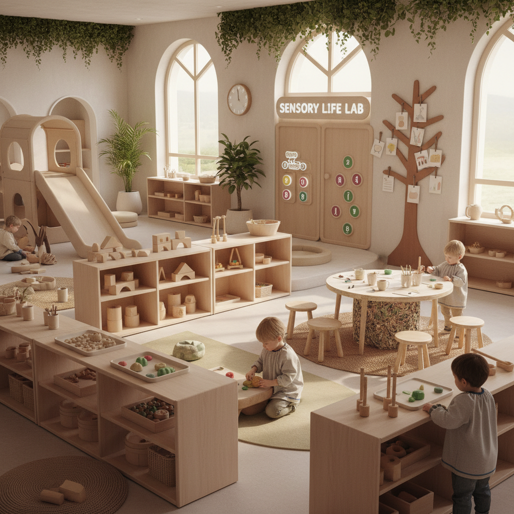 Students in bright classroom working on colorful art projects with natural materials