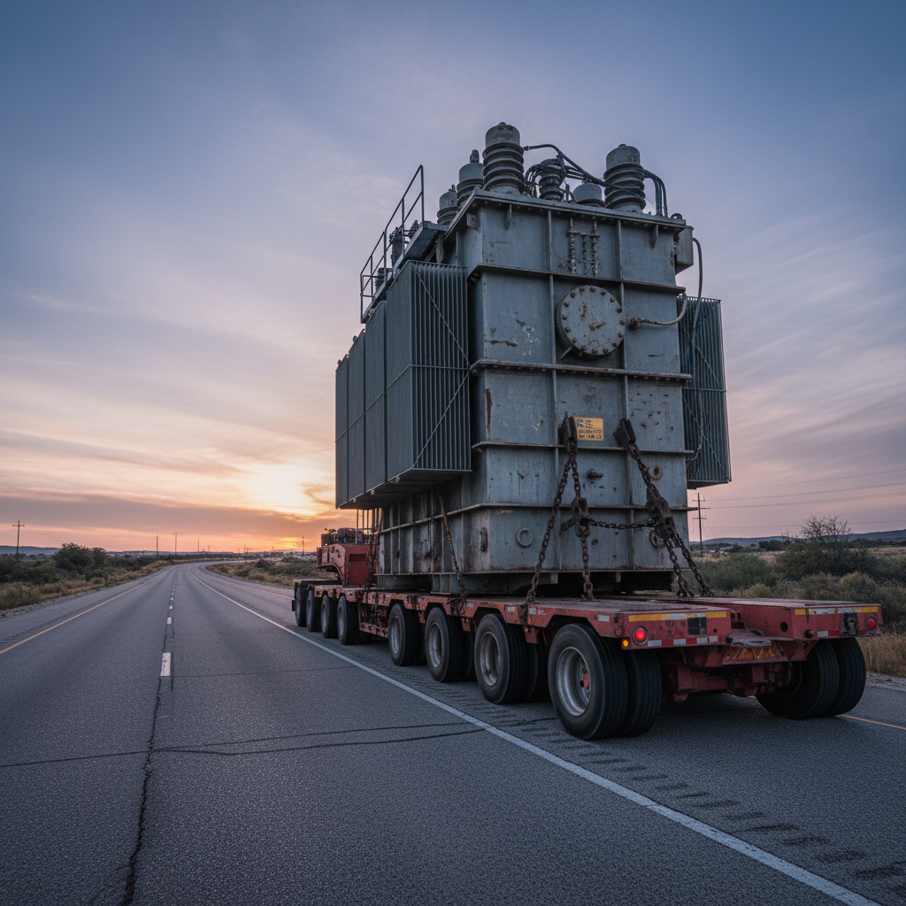 Flatbed truck carrying heavy industrial equipment, wide load, rural highway