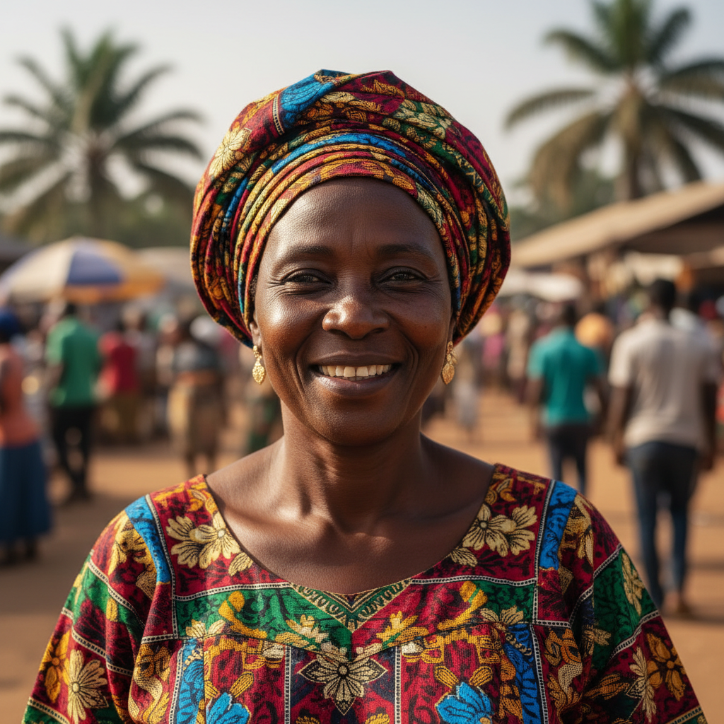 African women community leaders standing together in colorful traditional attire at an outdoor community meeting, engaged in discussion, bright open sky background