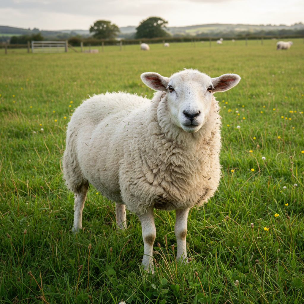 Rosie, a fluffy white Suffolk cross sheep with a gentle expression, standing in green meadow grass