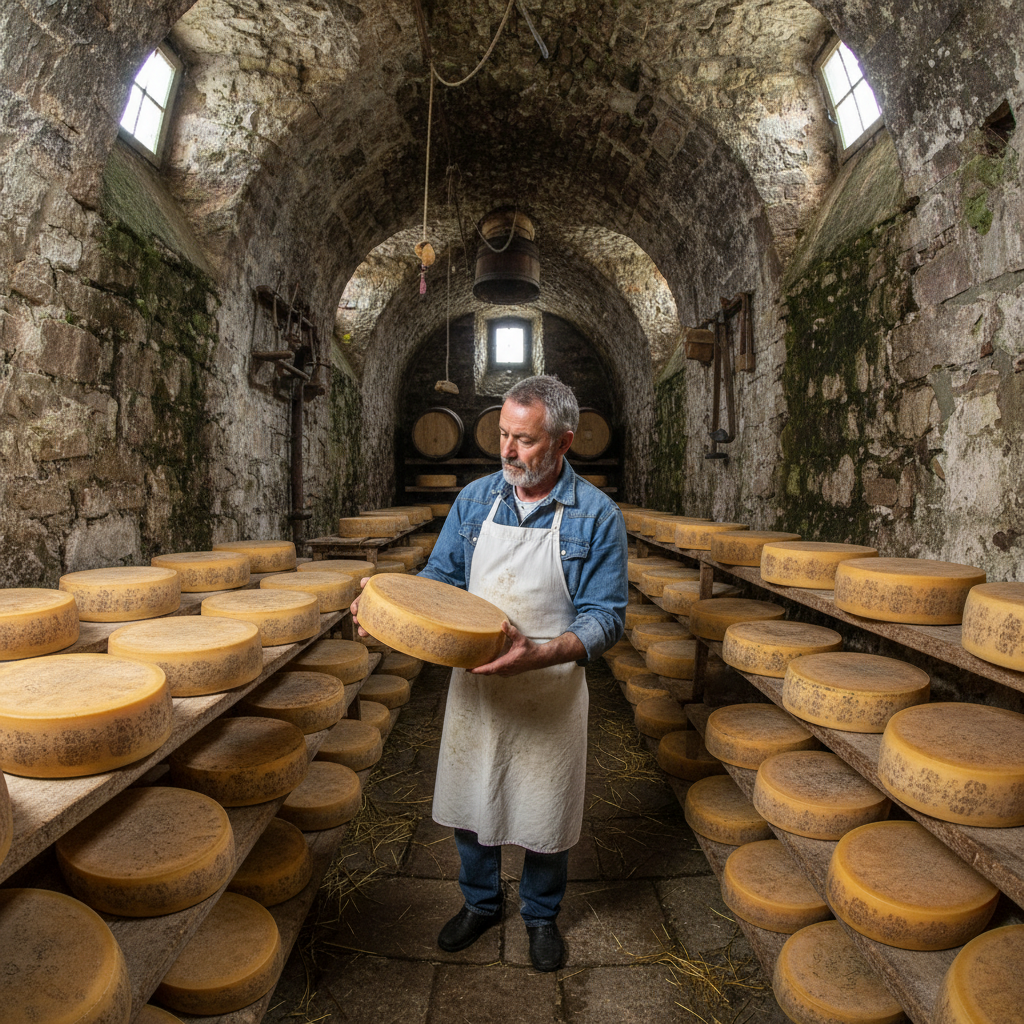 Comté cheese wheels aging in stone cellar, warm amber light, cave walls