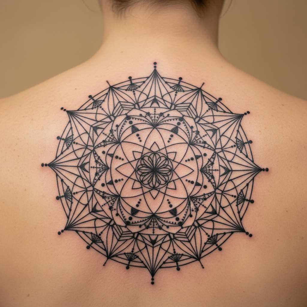 Geometric blackwork mandala tattoo centered on upper back, healed and settled