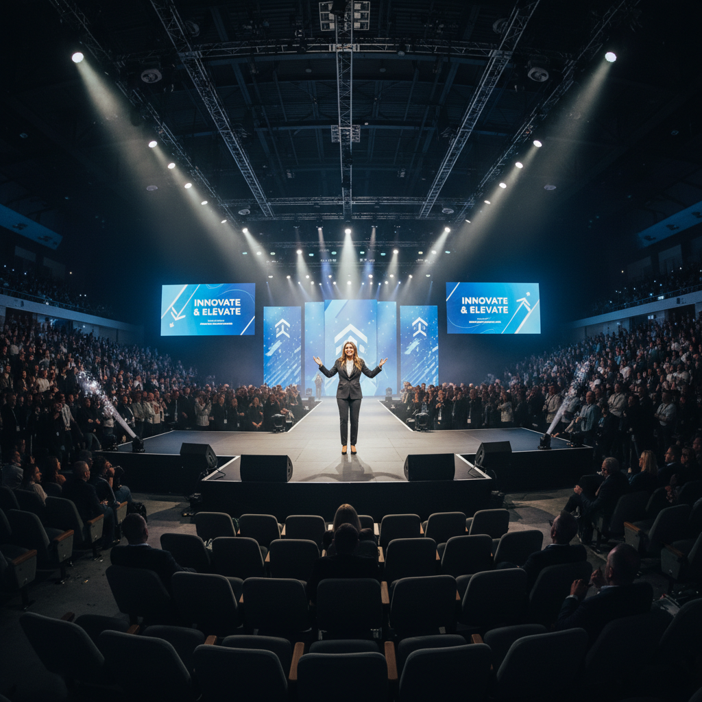 Speaker commanding large conference stage, dramatic spotlights, packed auditorium with engaged audience