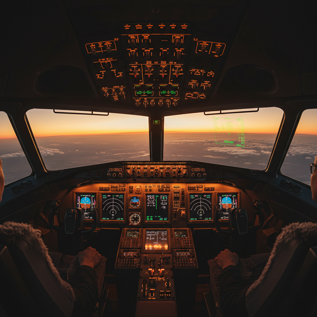 Cockpit at golden hour — warm instrument glow, dark professional atmosphere