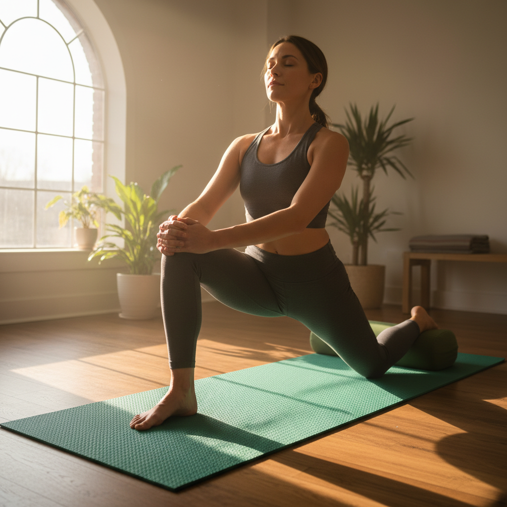 Yoga practitioner in morning light doing hip flexor stretch, warm golden tones, peaceful studio