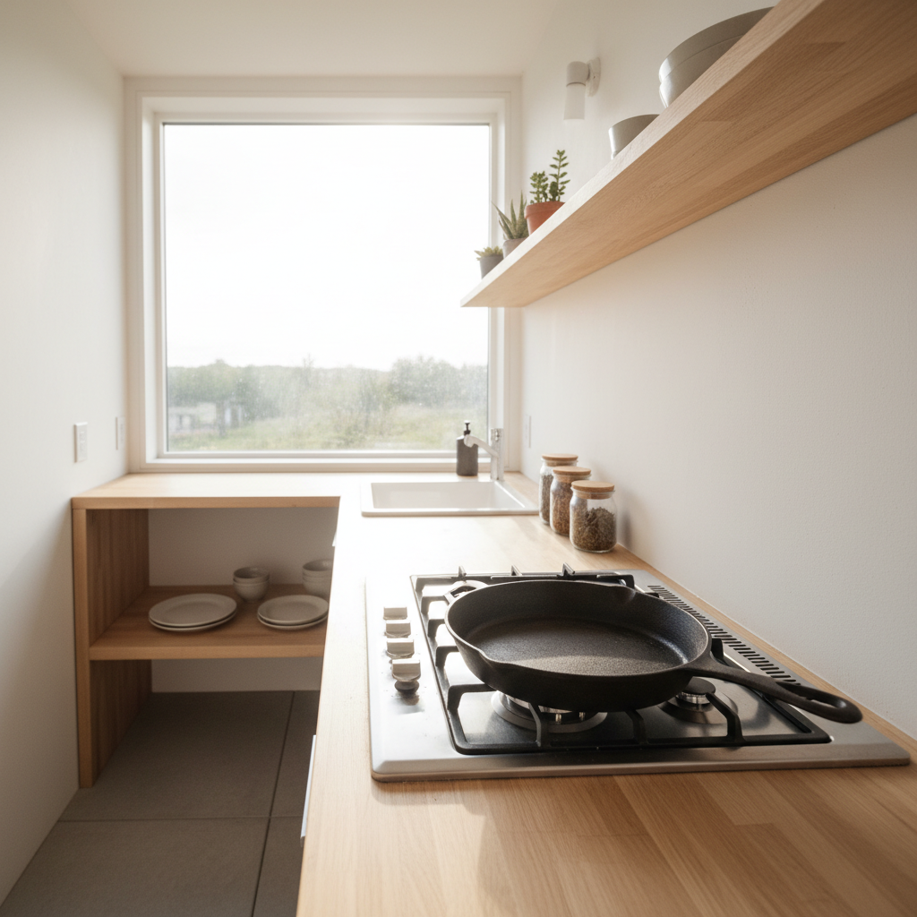 Minimalist tiny house kitchen with two-burner stove and cast iron pan