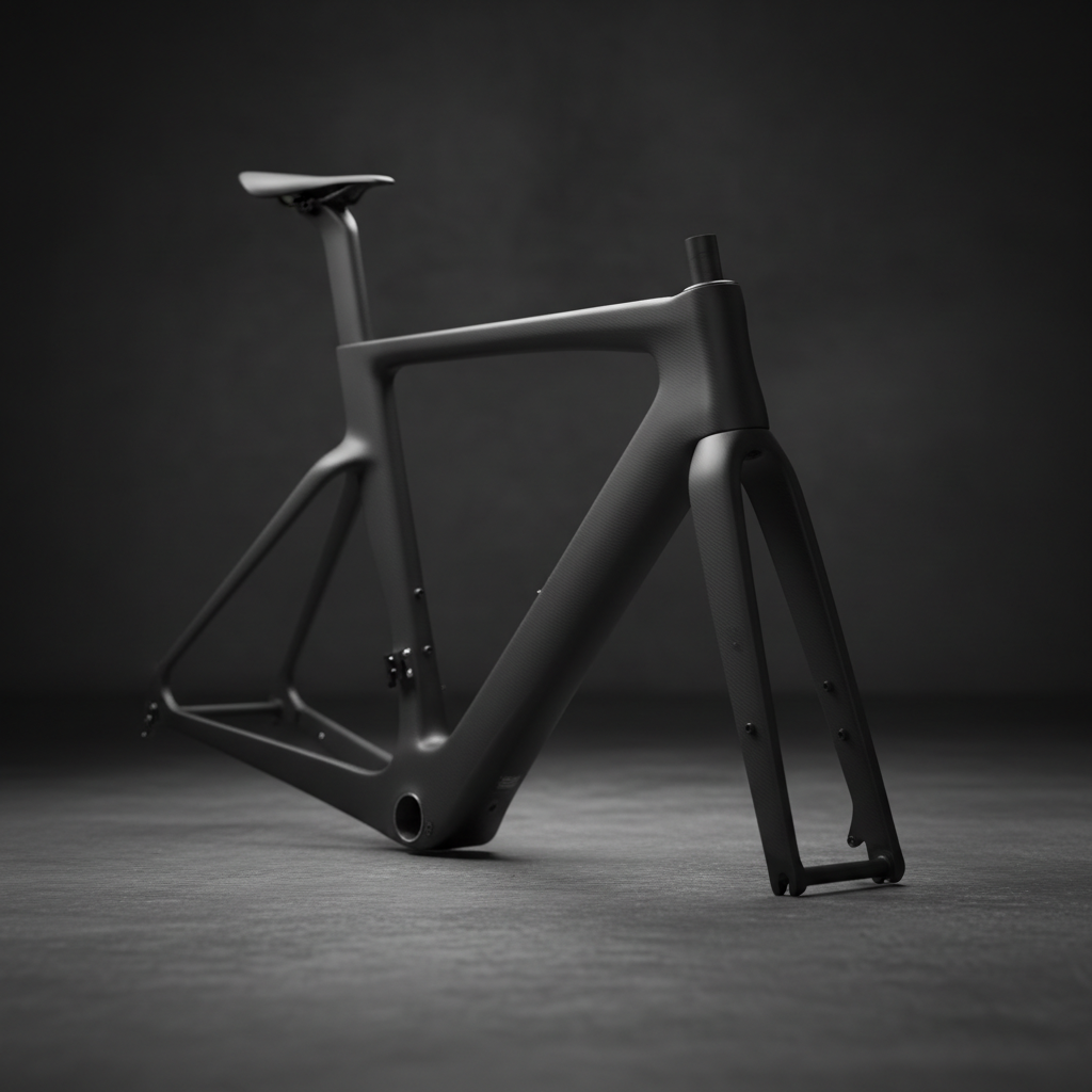 Matte black carbon aero road frameset with disc brake mounts against dark background